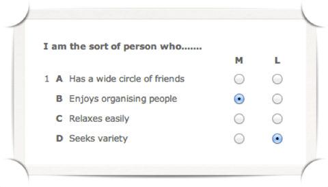 Personality test Example Question 2